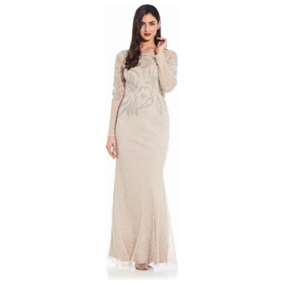 NWT Adrianna Papell Long Sleeve Beaded Long Gown Starburst Bead Pattern - Picture 3 of 4